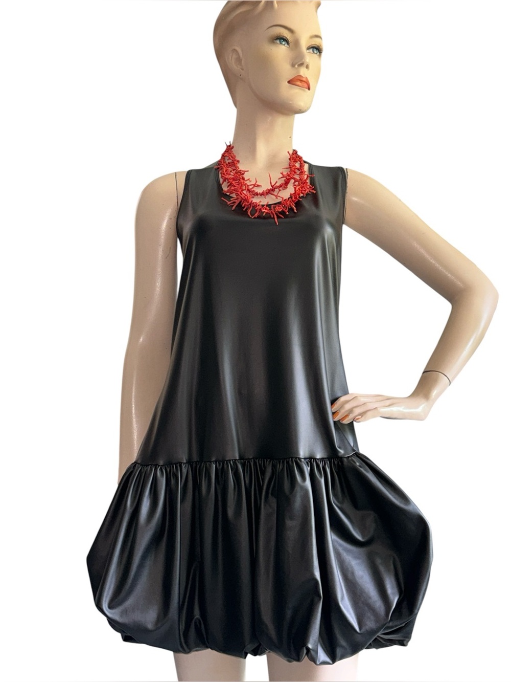 OBJEX Black Vegan Leather Puffer Dress
